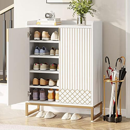 Tribesigns Shoe Cabinet with Doors, 5 Tiers Shoe Storage Cabinet for Entryway, 25 Pairs Wooden Shoe Cabinets, Modern Shoe Organizer Storage for Living Room, Bedroom, Hallway, Closet, White