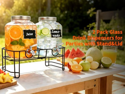 1 Gallon Glass Beverage Dispenser, 2 Pack Glass Drink Dispensers