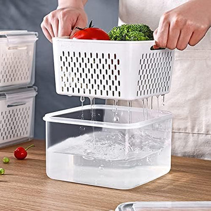 3Pack Fridge Food Storage Container Set with Lids with Strainer,Plastic Fresh Produce Saver Vegetable Fruit Meat Storage Organization, BPA-Free Plastic Produce Keepers(3.15L+1.7L+0.8L)