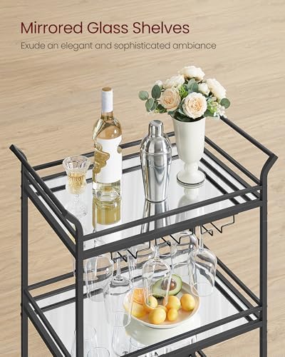 VASAGLE Bar Cart Black, Large Home Bar Serving Cart with 3-Tier