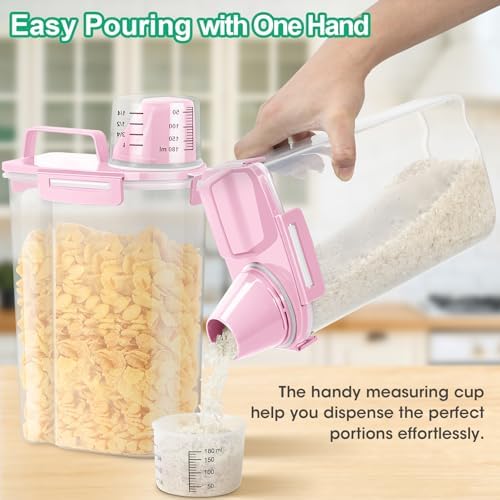 TBMax Rice Container 2 Pack 5 Lbs Cereal Container Storage, Kitchen Pantry Food Storage Holder with Cup, Small Pet Dog Cat Food Container -Pink