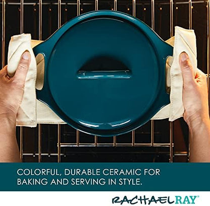 Rachael Ray Solid Glaze Ceramics Casserole Bakeware/Baker Set with Shared Lid, 3 Piece, Teal