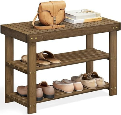 SONGMICS Shoe Rack Bench, 3-Tier Bamboo Entryway Bench, 27.6 Inches Width