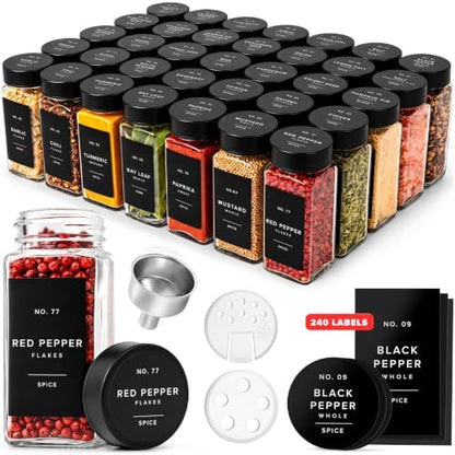 EDELHAUS Glass Spice Jars with Label, Seasoning Set, 36x Black Steel Lids
