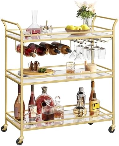 VASAGLE Bar Cart Gold, Large Home Bar Serving Cart with 3-Tier