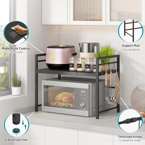 DOLALIKE Microwave Oven Rack, Expandable Microwave Stand Countertop Kitchen Utensils Tableware Storage, Carbon Steel Over Microwave Shelf Countertop with 3 Hooks (Pack of 2)