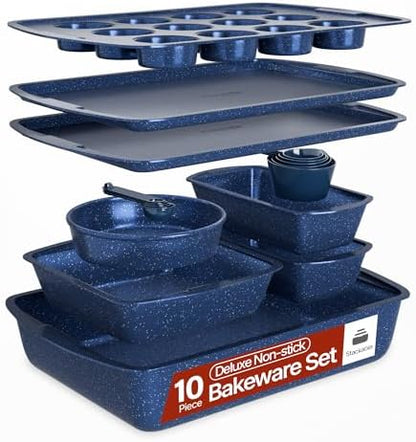 Blue Marble 10-Piece Bakeware Sets, Nonstick Carbon Steel Baking Sheet & Pans, Stackable Space-Saving Bakeware, Dishwasher Safe, Stain-resistant, PFOAPFOSPTFE Free, Oven Safe Up To 450°F (230°C)
