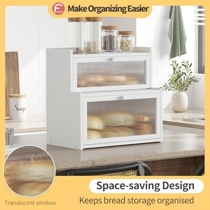 Double Layer Bamboo Bread Box for Kitchen Counter,Bread Holder,Countertop Bread Storage with Window (White)