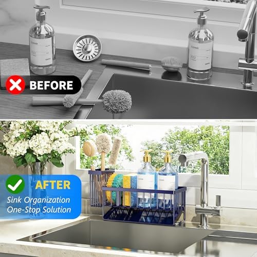 Cisily Navy Blue Sink Caddy Organzier with High Brush Holder, Sponge Holder for Sink, 304 Rustproof Stainless, Kitchen Countertop Soap Dispenser Organizer, Gray Blue Kitchen Decor and Accessories