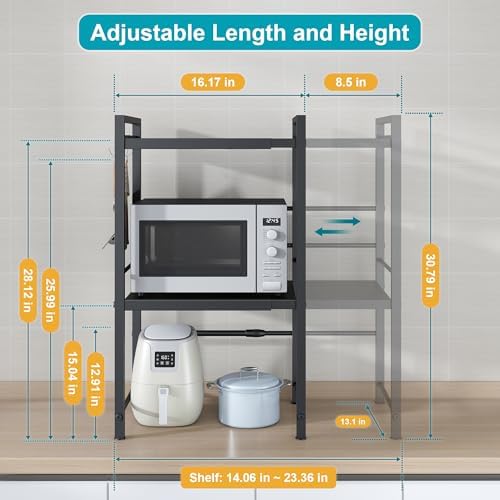 DOLALIKE Microwave Oven Rack, Expandable Microwave Stand Countertop Kitchen Utensils Tableware Storage, Carbon Steel Over Microwave Shelf Countertop with 3 Hooks