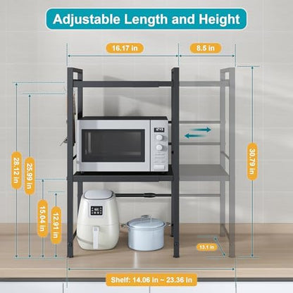 DOLALIKE Microwave Oven Rack, Expandable Microwave Stand Countertop Kitchen Utensils Tableware Storage, Carbon Steel Over Microwave Shelf Countertop with 3 Hooks