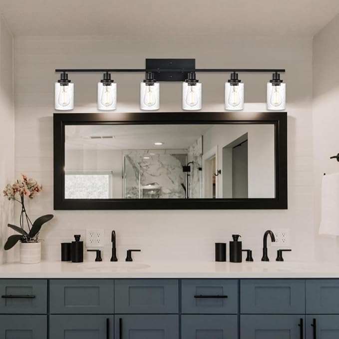 WINSHEN 6-Light Seeded Glass Vanity Light Fixtures in Matte Black Finish
