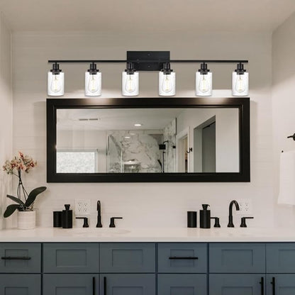 WINSHEN 6-Light Seeded Glass Vanity Light Fixtures in Matte Black Finish