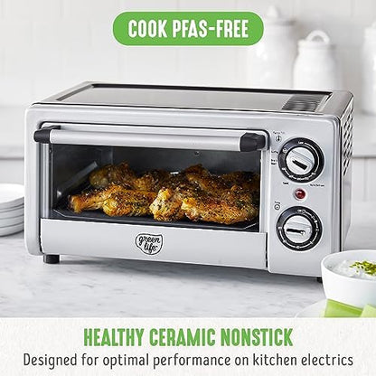 GreenLife Countertop Toaster Oven Air Fryer Stainless Steel, Healthy Ceramic Nonstick, PFAS Free, Tray & Basket, Bake, Broil, Reheat, Adjustable Temp & Time Control, Auto Shutoff, Black