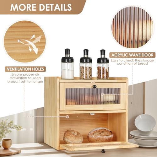 Sunhoo Bread Box for Kitchen Countertop Wooden Bread Storage Container Bin 2 Layer Breadbox Holder Large Capacity Keeper Vintage Farmhouse Food Organizer Pantry Shelf Acrylic Window（Wood color）