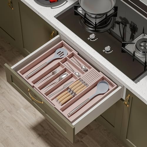 TIOPGHAD Expandable Bamboo Silverware Drawer Organizer Tray, Grey Pink