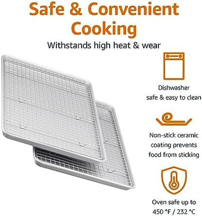 Amazon Basics Ceramic Nonstick Baking Sheets & Cooling Rack Set, Dishwasher Safe, Oven Safe, Half Sheet Size, Gray, 2-Pack