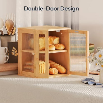 HOOBRO Bread Box, Bamboo Bread Box for Kitchen Countertop, 2-Tier Corner Bread Box, Large Capacity Bread Bin, Food Storage Box, Bread Storage Container for Kitchen, Dining Room, Natural YL12MB01