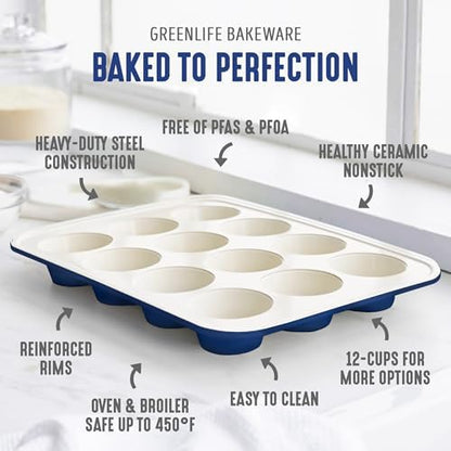 GreenLife 12 Cup Ceramic Nonstick Muffin Pan, Navy