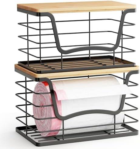 ALOCEO 2 Pack Stackable Wire Storage Basket with Bamboo Lid, Stainless Steel Extra Large Trash Bag Dispenser Roll Holder for Kitchen Sink, Laundry, Pantry Organizer and Storage, Black