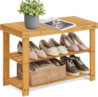 SONGMICS Shoe Rack Bench, 3-Tier Bamboo Shoe Storage Organizer, Entryway Bench, Holds Up to 286 lb, 11.3 x 27.6 x 17.8 Inches, for Entryway Bathroom Bedroom, Natural ULBS04N