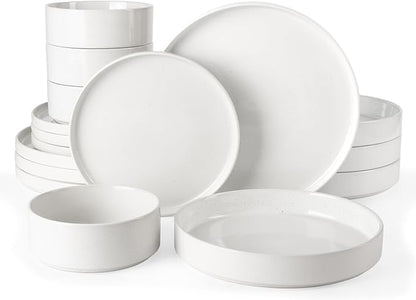 Famiware Nebula Dinnerware Set with Pasta Bowls, Service for 4 (16pcs), Fine Stoneware Plates and Bowls Sets, Microwave and Dishwasher Safe Dishes Set, White