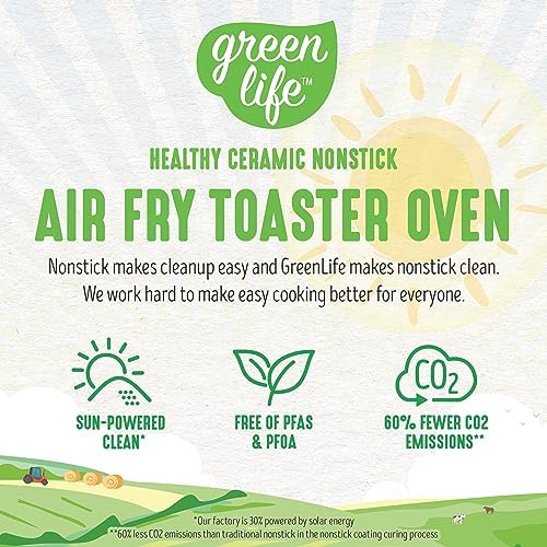 GreenLife Countertop Toaster Oven Air Fryer Stainless Steel, Healthy Ceramic Nonstick, PFAS Free, Tray & Basket, Bake, Broil, Reheat, Adjustable Temp & Time Control, Auto Shutoff, Black