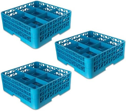Carlisle FoodService Products OptiClean 9 Compartment Glass Racks for Restaurants with 2 Extenders - Glass Racks for Large Brandy Snifters, Grande Margaritas, Carafes, Wide Diameter, Blue, (Pack of 3)