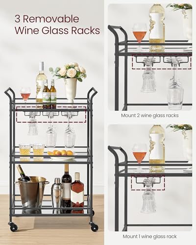 VASAGLE Bar Cart Black, Large Home Bar Serving Cart with 3-Tier