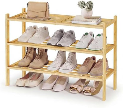 SONGMICS Bamboo Shoe Rack, 3-Tier Stackable Shoe Organizer, for 12-16 Pairs