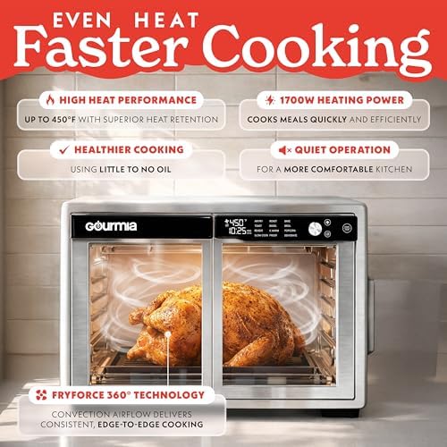 Gourmia French Door Digital Air Fryer Oven - XL 25QT Capacity, 12 Presets, FryForce 360° Tech, Dehydrate, Proof, Slow Cook, Fits 13” Pizza, 1700W, Stainless Steel