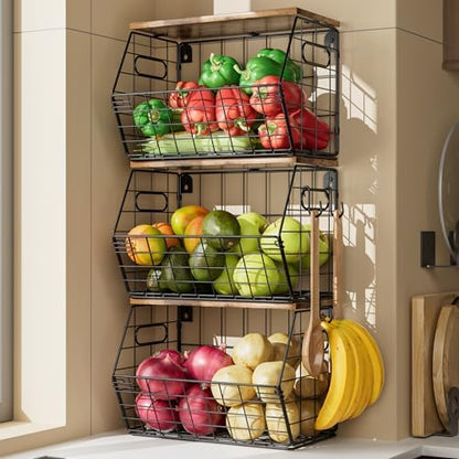 Delamu Stackable Metal Fruit Basket with Wood Lid 3 Pack, Hanging Wall Organizer for Kitchen Counter, Pantry Storage for Onions, Potatoes, Garli, Fruits, Spices, Black