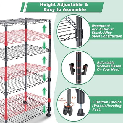 Whitmor 4 Tier Shelving Unit, Adjustable Storage Shelves with Wheels, Wire Shelving, 200 lbs Capacity per Shelf, Max 800 lbs Total for Laundry, Kitchen, Garage, 24" L x 14" W x 47" H, Black