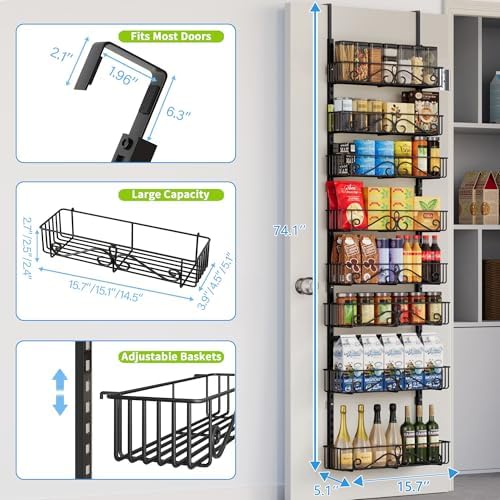 8-Tier Over Door Pantry Organizer,Heavy Duty Adjustable Metal Shelf for Pantry, Black