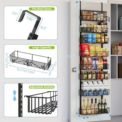 8-Tier Over Door Pantry Organizer,Heavy Duty Adjustable Metal Shelf for Pantry, Black