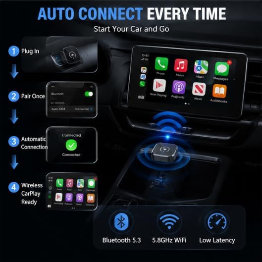 Wireless CarPlay Adapter for Jeep Compass 2022-2024- Slim Mini USB Design with Type-C Extension for Stable Zero-Latency Connection