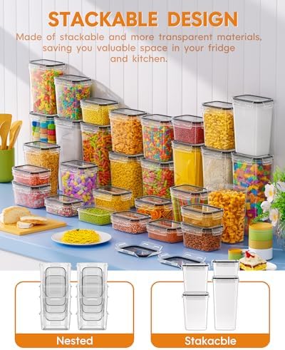 KEMETHY 30 PCS Airtight Food Storage Containers with Lids, Kitchen Pantry Organization and Storage, BPA-Free Plastic Scale Food Canisters for Cereal, Flour, Sugar, Dry Food, Include Labels & Marker