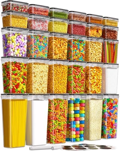 KEMETHY 30 PCS Airtight Food Storage Containers with Lids, Kitchen Pantry Organization and Storage, BPA-Free Plastic Scale Food Canisters for Cereal, Flour, Sugar, Dry Food, Include Labels & Marker