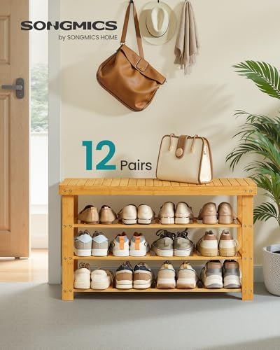 SONGMICS Shoe Rack Bench, 4 Tier Bamboo, 11.3 x 35.2 x 20.5 Inches