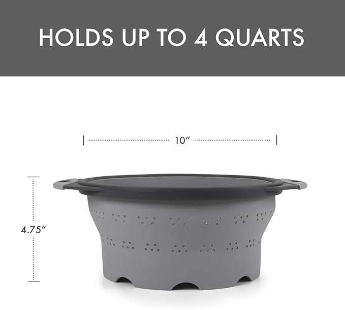 Dexas 10" Collapsible Silicone Colander in Cool Grey, Kitchen Strainer