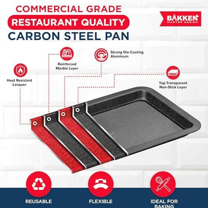BAKKEN 3-Piece Kitchen Baking Pans - Small, Medium, and Large Cookie Pan, With Nonstick Coating, Stackable and Space-saving Design, PFOA, PFOS, PTFE Free, Oven Safe Tray (Up To 450°F), Gray Marble