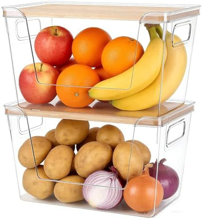 2 Set Potato And Onion Storage Bins with Bamboo Lid, Clear