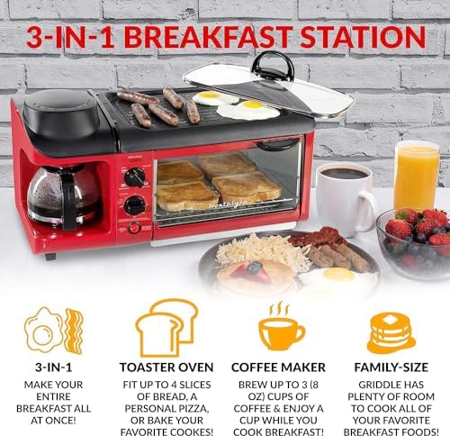 Nostalgia 3-in-1 Breakfast Station - Includes Coffee Maker, Non-Stick Griddle, and 4-Slice Toaster Oven - Versatile Breakfast Maker with Timer - Red