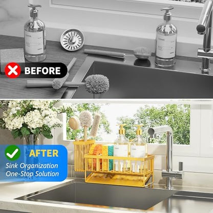 Cisily Lemon Yellow Sink Caddy Organzier with High Brush Holder, Sponge Holder for Sink, 304 Rustproof Stainless, Kitchen Countertop Soap Dispenser Organizer, Lemon Kitchen Decor and Accessories