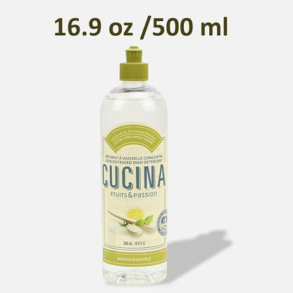 Cucina Fruits & Passion Biodegradable Concentrated Liquid Dish Soap Detergent 16.9 Ounces - 2 Pack (Sea Salt and Amalfi Lemon)
