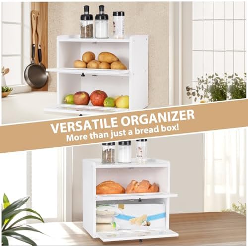 Sunhoo Bread Box for Kitchen Countertop Wooden Bread Storage Container Bin 2 Layer Breadbox Holder Large Capacity Keeper Vintage Farmhouse Food Organizer Pantry Shelf Acrylic Window (White)