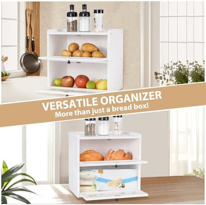 Sunhoo Bread Box for Kitchen Countertop Wooden Bread Storage Container Bin 2 Layer Breadbox Holder Large Capacity Keeper Vintage Farmhouse Food Organizer Pantry Shelf Acrylic Window (White)