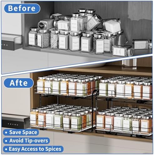 BOIVSHI 2-Tier Pull Out Spice Rack, Spice Rack Organizer, Pull Out Spice Racks for Inside Cabinets, Height Adjustable Heavy Duty Metal Basket for Inside Cabinet & Pantry (13.5''Wx10.5''Dx9.5''H)
