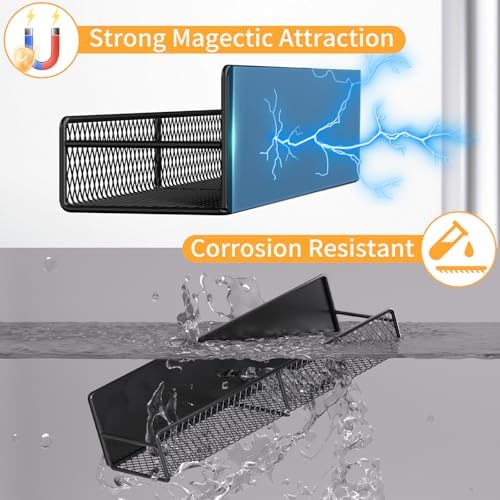 Magnetic Spice Rack for Refrigerator, 2 Pack Metal Magnetic Shelf Black, Moveable Spice Organizer with Hooks, Super Magnetic Fridge Shelf for Kitchen Organization and Storage
