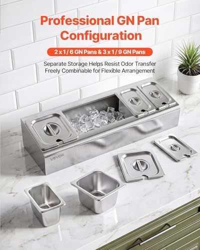 VEVOR Countertop Food Serving Display Container, Stainless Steel Food Salad Server Tray, Buffet Condiment Dispenser, Ice Cooled Rack with Separate Lid, for Restaurant Hotel Kitchen (2x1/6+3x1/9 Pan)